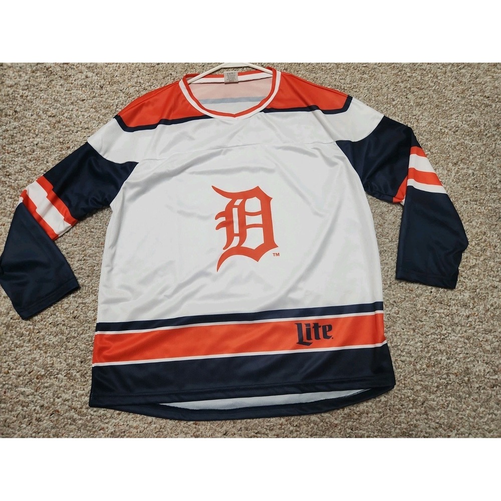 Detroit Tigers SGA Youth XL Hockey Jersey White Orange Navy Miller Lite Logo